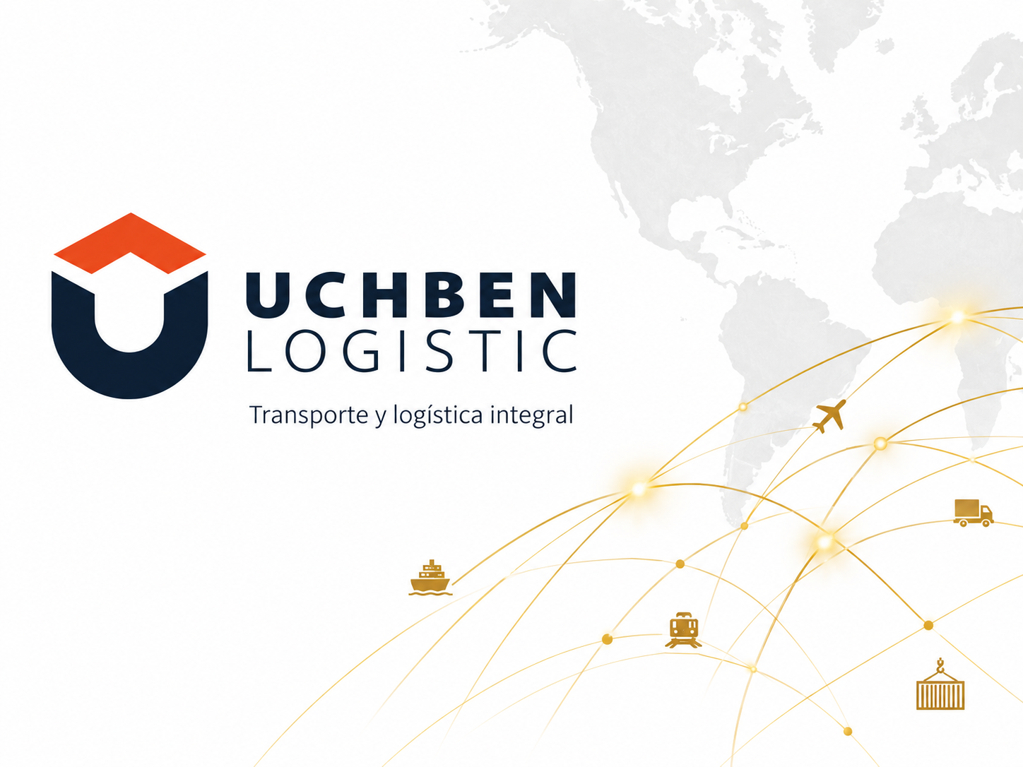 Logotipo UCHBEN LOGISTIC con mapa mundial y rutas doradas con aviones, camiones y trenes.